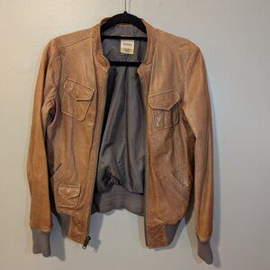 Fossil Womens Leather Bomber Jacket Brown Size Small Front Pockets Ribbed Trim
